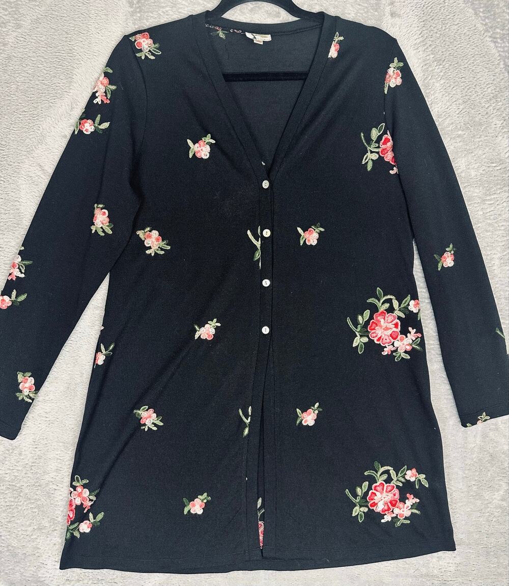 Fig and Flower Black Floral Embroidered Long Line Cardigan Duster Boho - Large